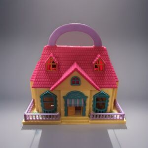 Vintage Tiny Dreams Carry Along Dollhouse Blue Box Pink Yellow House Pool
